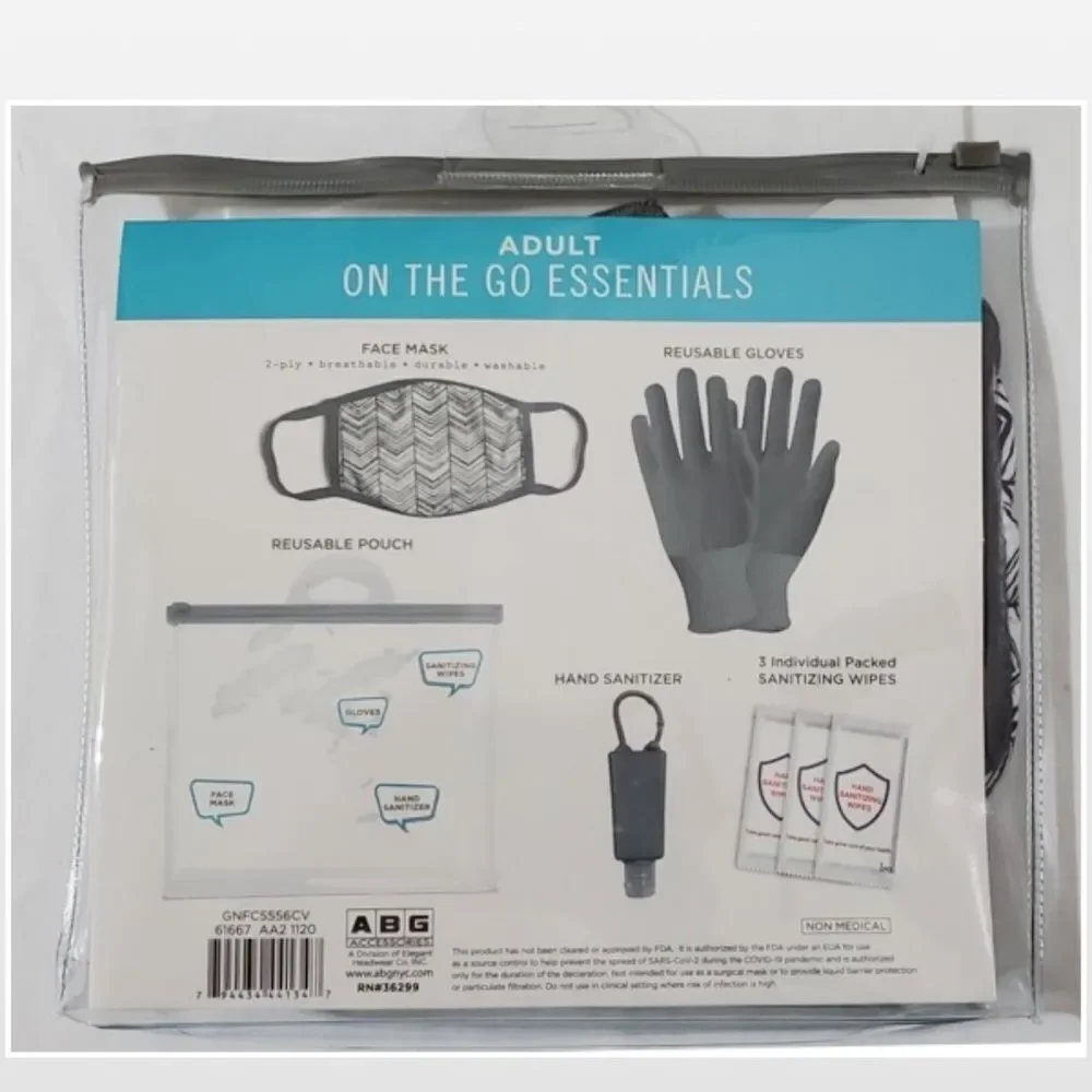 New ABG Accessories Mask Gloves Wipes Adult Travel Kit Grey White 8 Piece NWT